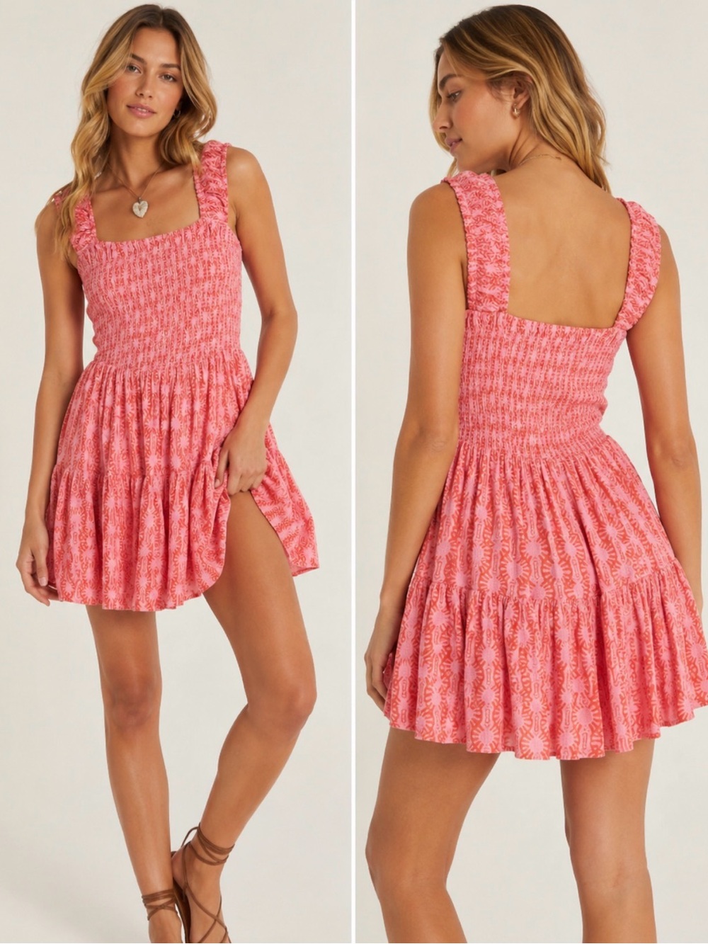 Free People Orange & Pink Smocked Square-Neck Sunburst Dress